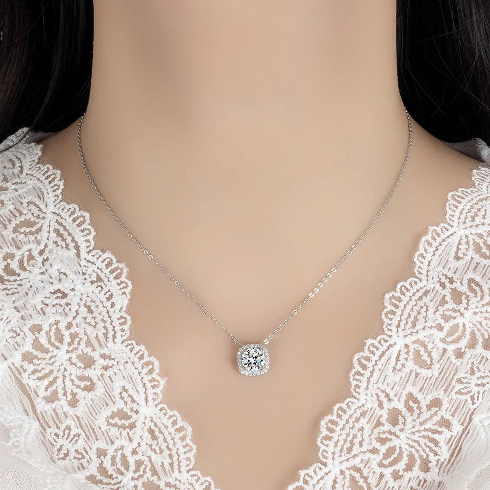 Woman wearing luxury 925 silver square zircon necklace – elegant gift jewelry