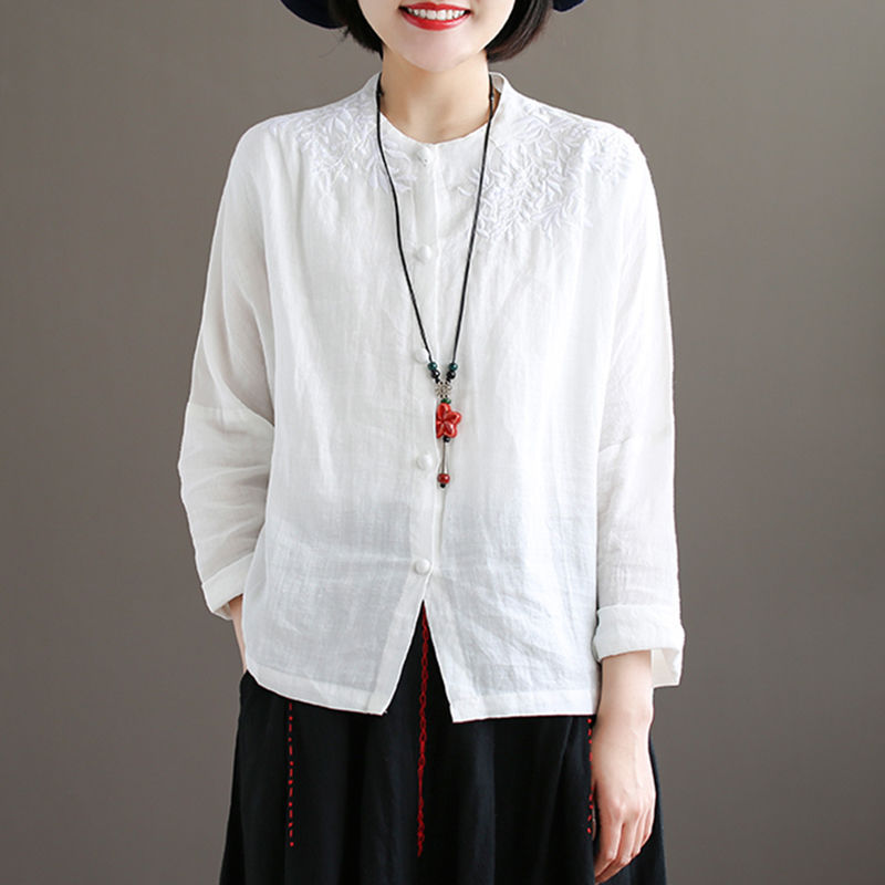 Women’s Linen Embroidered Button Blouse – Vintage Loose Long Sleeve Top