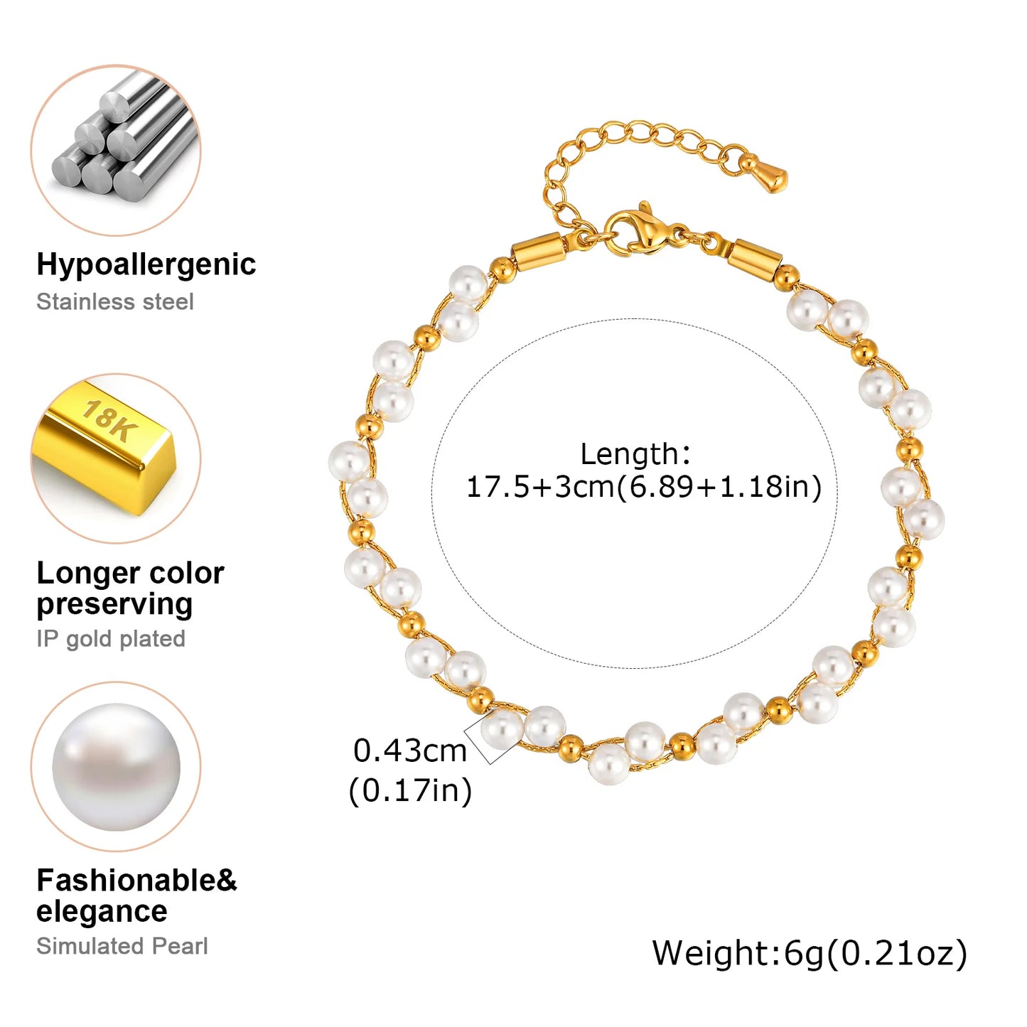 18K Gold Plated Bead Bracelet – Light Luxury Stainless Steel Chain Jewelry for Women | Everyday Elegant Gift