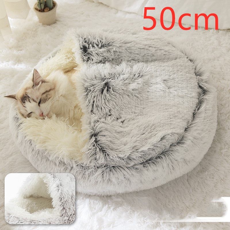 2-in-1 Dog & Cat Winter Bed – Round Plush Pet House | Soft Warm Long Plush Bed for Cats and Small Dogs