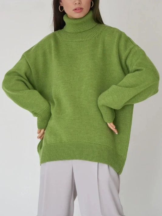Soft thick knit fabric with high turtleneck and loose silhouette