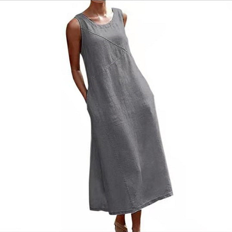 Cotton Linen Sleeveless Maxi Dress – Casual Loose Summer Tank Dress