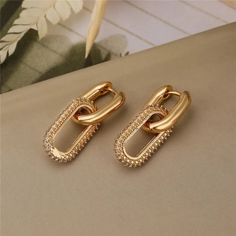 Shiny Rhinestone Geometric Earrings – Light Luxury Double Elliptical Rings for Women | Party Accessories