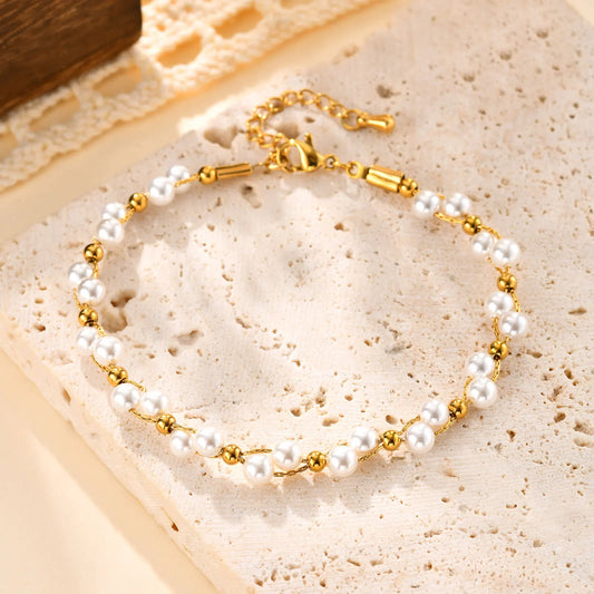 Polished gold beaded bracelet with stainless steel chain – elegant daily jewelry