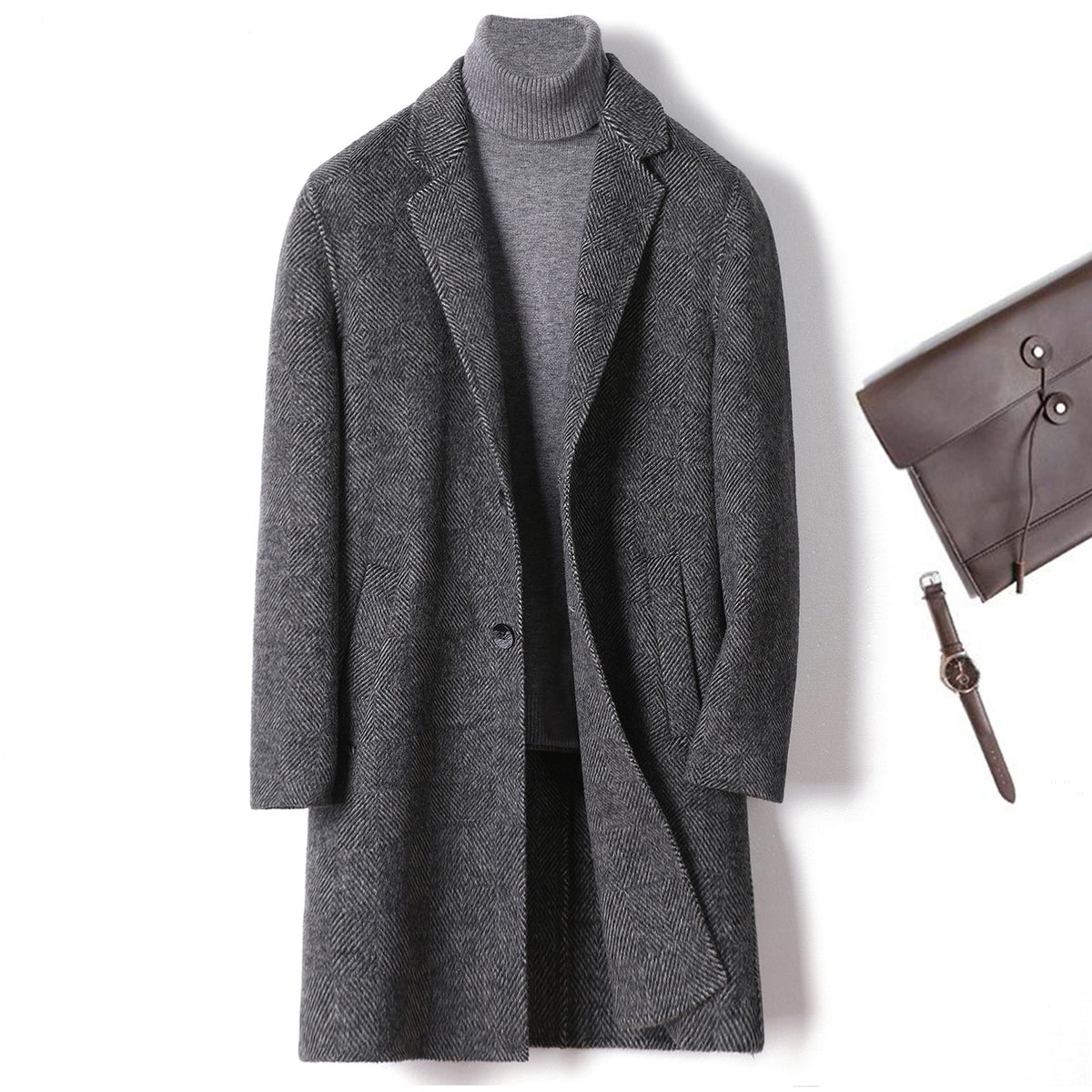 Gray coat with a brown bag and watch on a white background