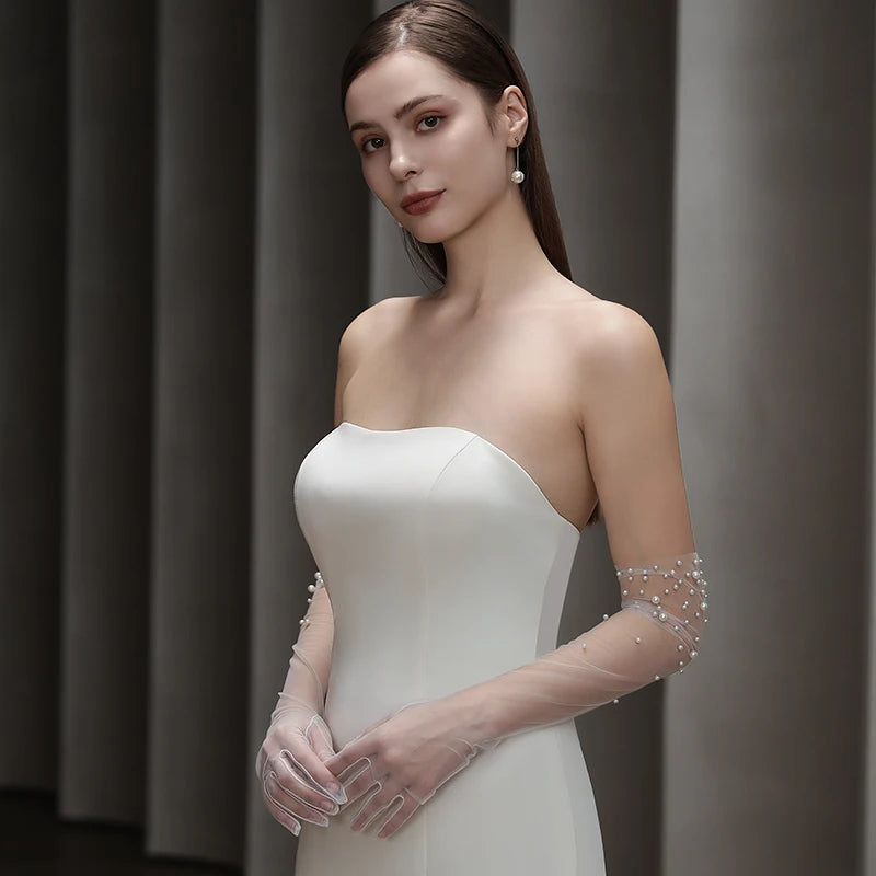 Bridal Gloves Heavy Handmade Beading Elegant Long Elegant Slim Wedding Dinner Party Tulle Gloves Wedding Accessories