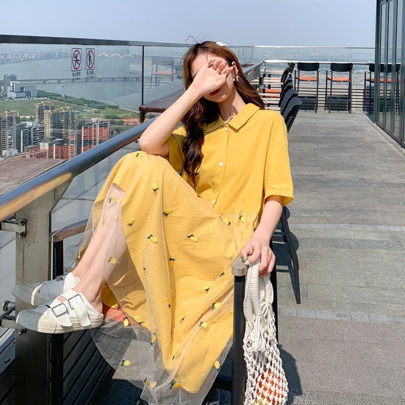 Yellow Mesh Polo Pleated Midi Dress – Embroidered Lightweight Summer Dress