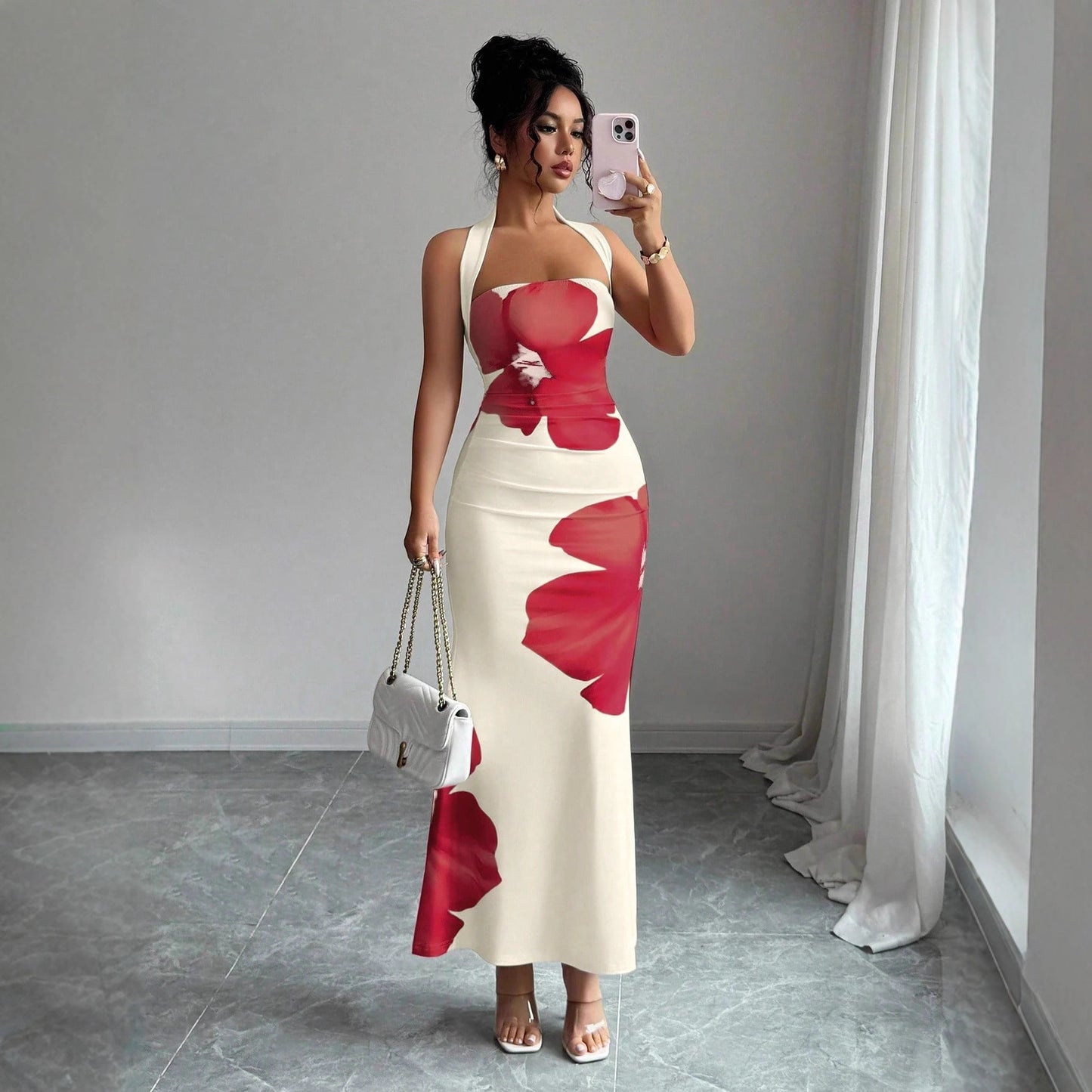 Floral Halterneck Maxi Dress – Slim Fit High Waist Evening Gown