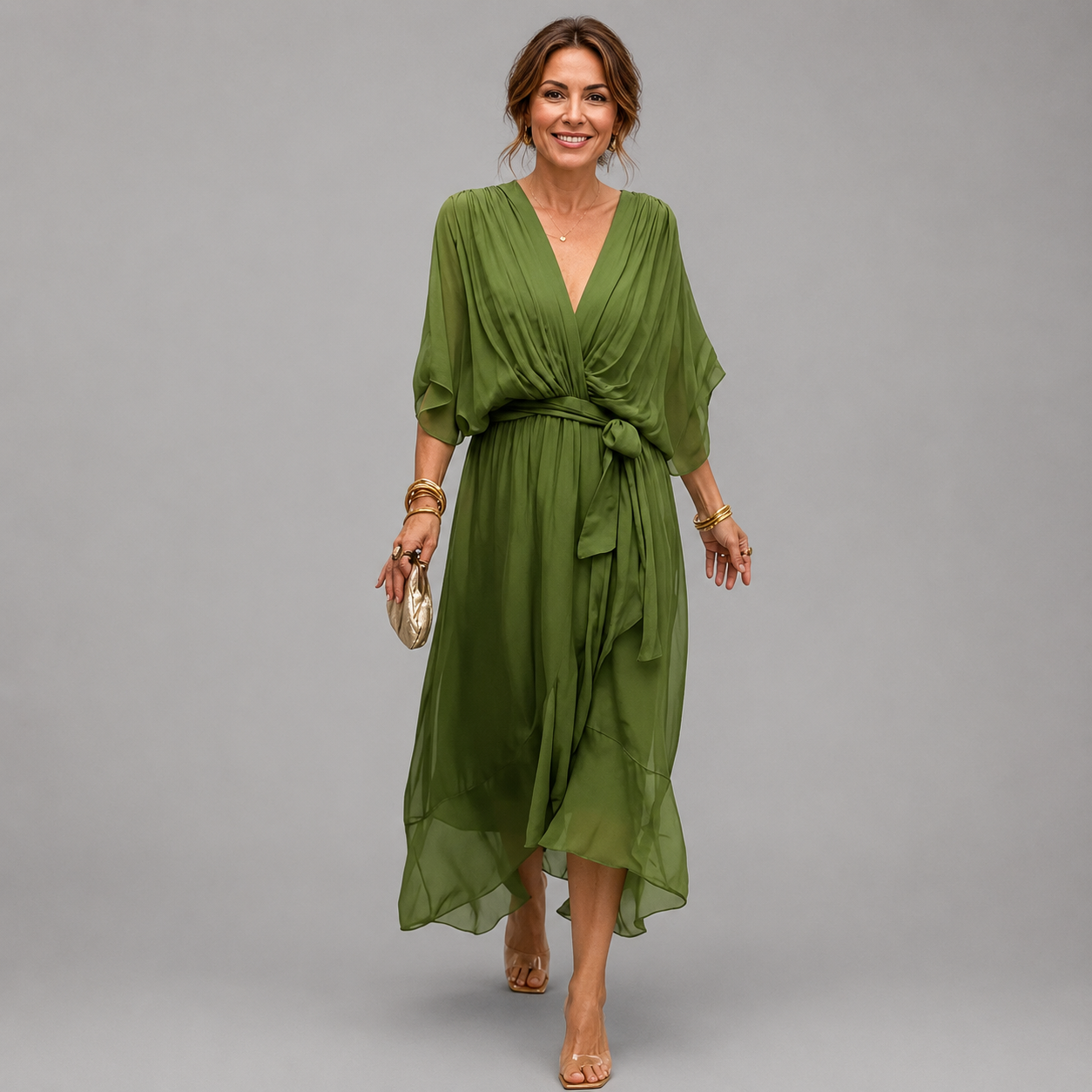 Women's Batwing-Sleeve V-Neck Chiffon Midi Dress - Flowing Summer Dress