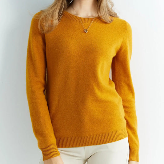 Woman wearing vintage O-neck merino wool sweater – elegant cozy winter outfit