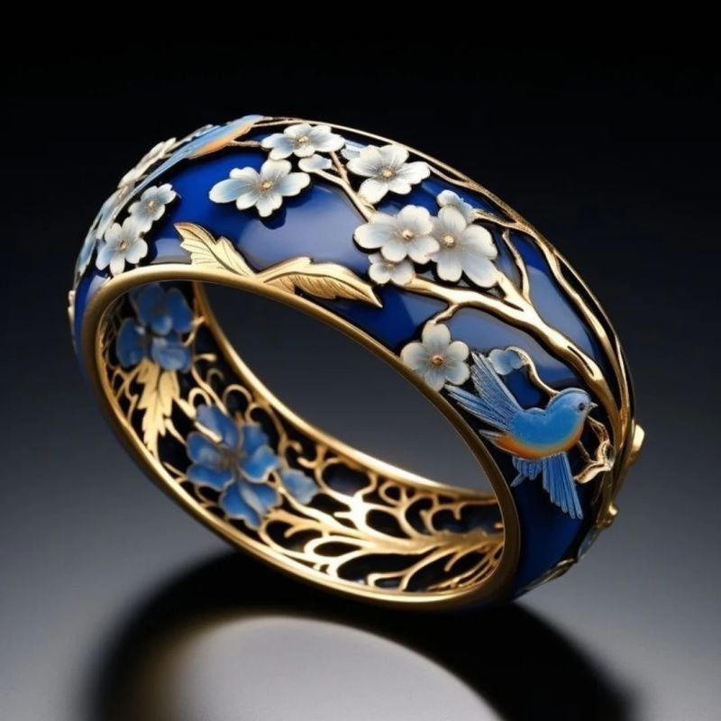 Gilded Enamel Floral And Bird Ring