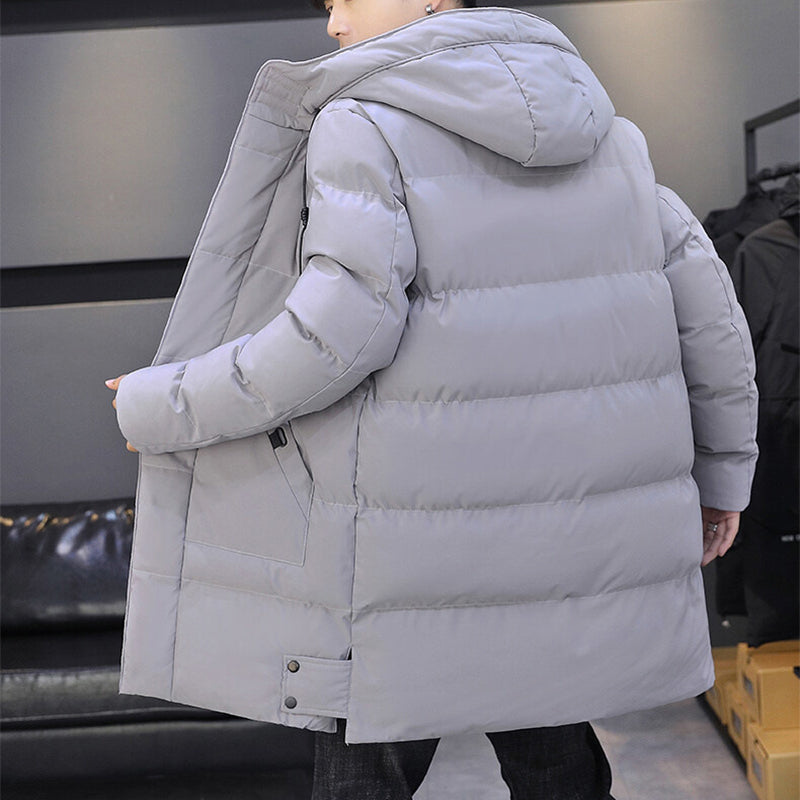 Back view of men’s long silver-gray hooded winter puffer jacket with thick padding
