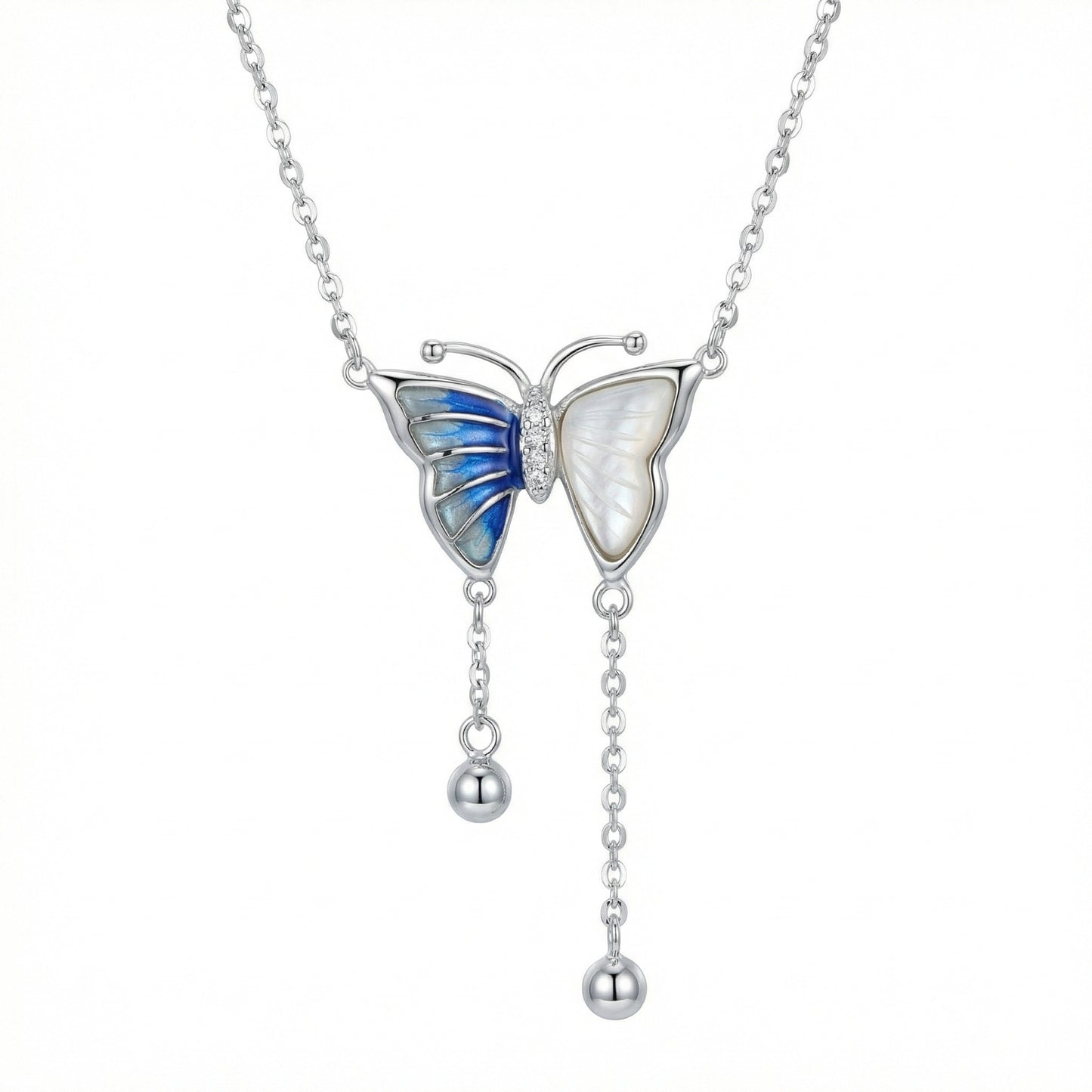 925 Sterling Silver Blue Butterfly Tassel Necklace
