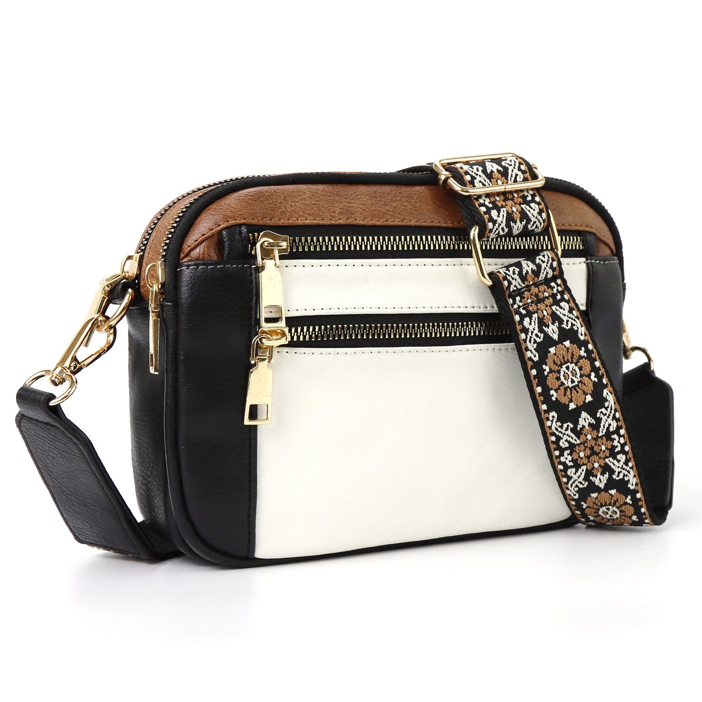 Triple-Zipper Crossbody Shoulder Bag with Floral Embroidered Strap