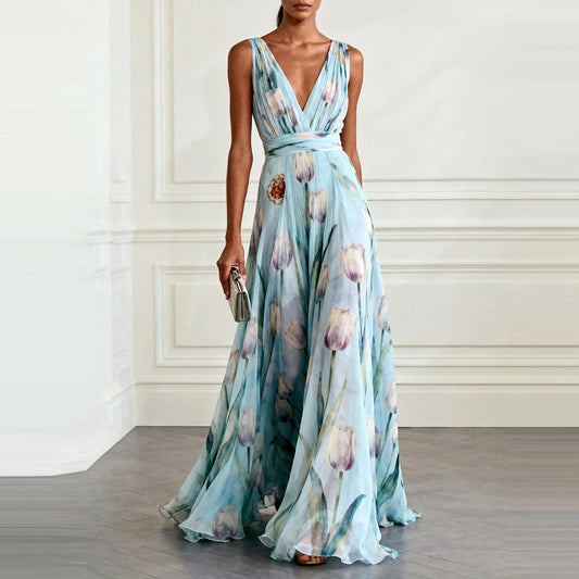 Bluesy Tulip Print Chiffon Maxi Dress – Elegant Sleeveless V-Neck Flowing Gown