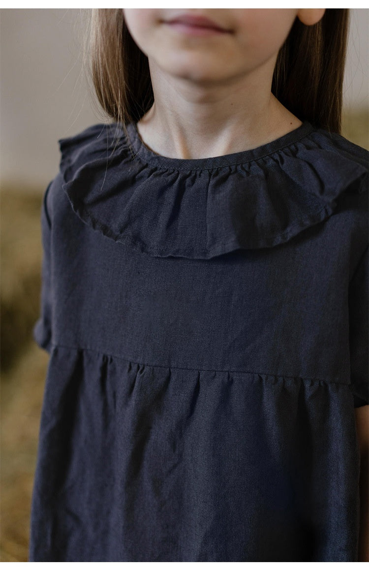 Toddler Girls Cotton Linen Ruffle Dress – Puff Sleeve Summer Dress