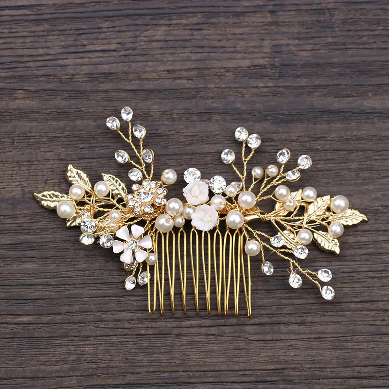 Bridal Wedding Pearl Flower Hairpin Side Comb Golden Leaf Shaped Alloy Tiaras Insert Jewelry Comb Hair Jewelry Bride Headwear