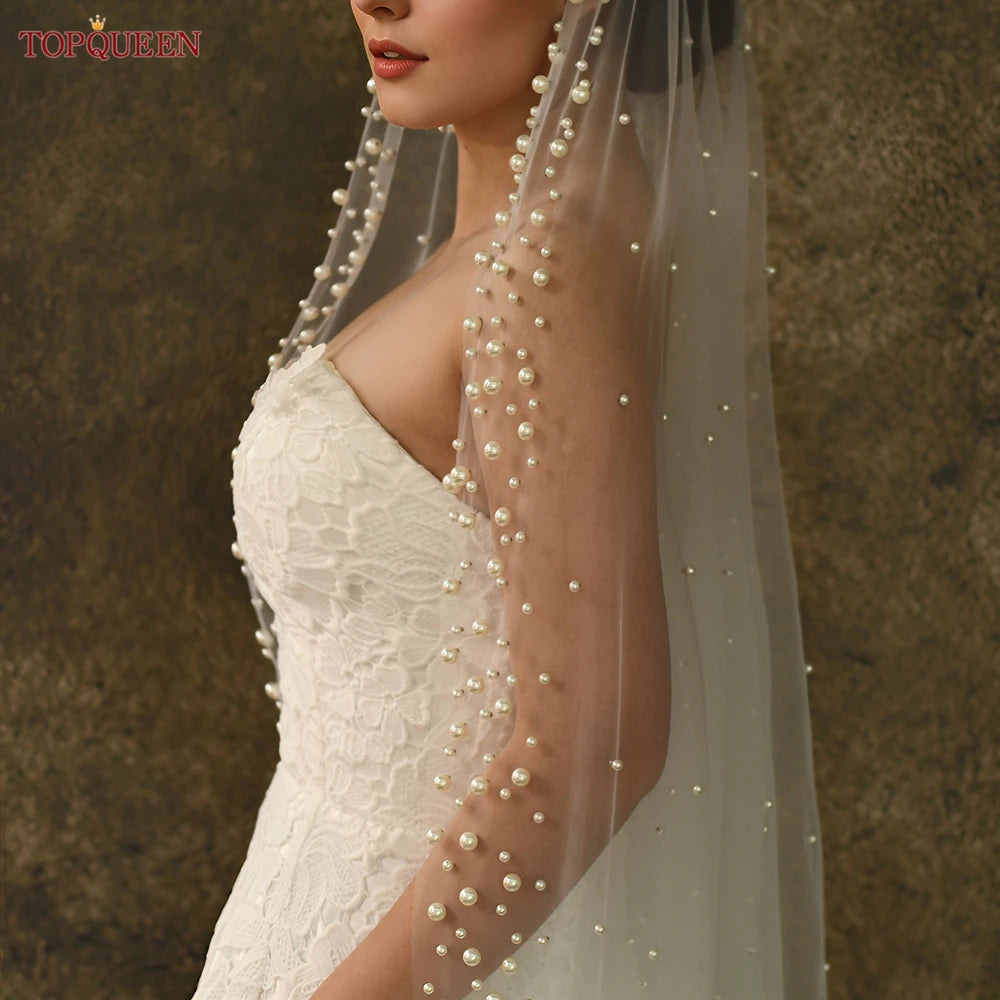 TOPQUEEN V66 Luxury Cathedral Pearl Wedding Veil – Single Layer Long Bridal Veil Without Comb | White or Off-White (150 cm / 200 cm / 300 cm)