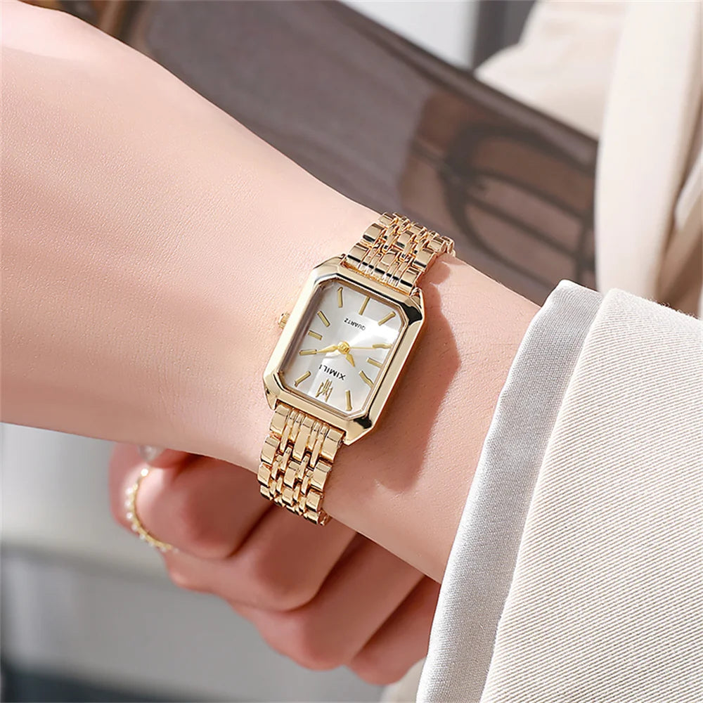 Luxury gold-plated women’s square quartz watch with stainless steel bracelet