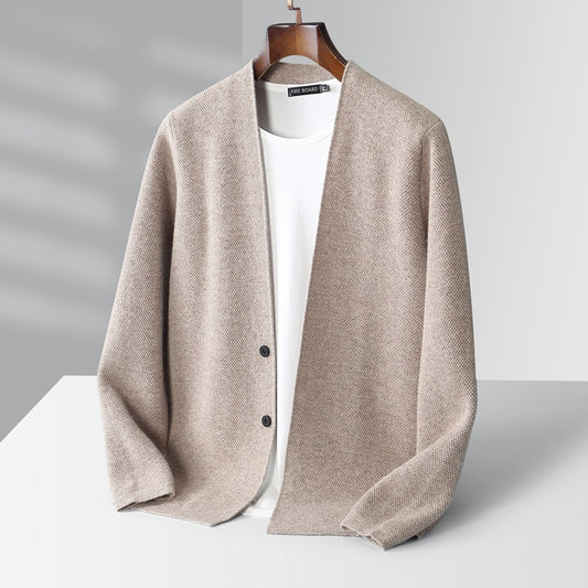 Light-coffee men’s textured wool cardigan with a collarless V-front, two-button closure and long sleeves