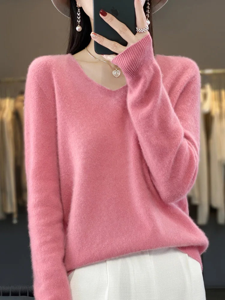 100% Merino Wool Women’s Sweater – Extrafine Cashmere-Soft Knitwear | V-Neck Long Sleeve Pullover for Autumn & Winter