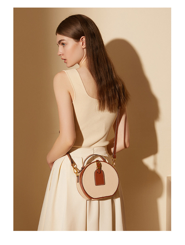 Genuine Leather Round Crossbody Bag – Mini Contrast Color Messenger Handbag