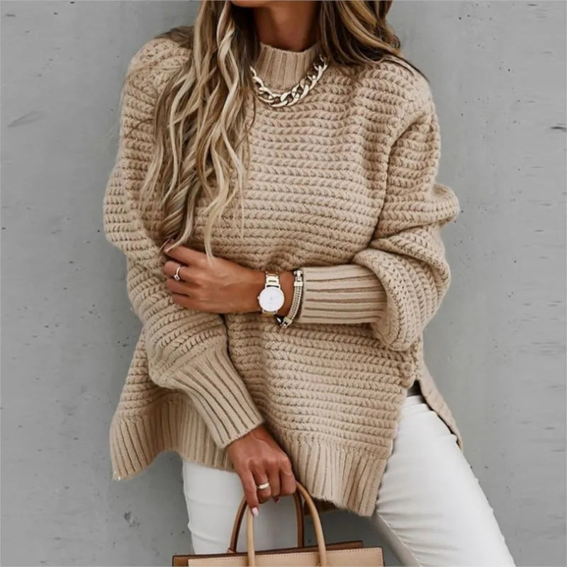Women’s Loose Split Thick Knit Sweater – Half High Neck Long Sleeve Pullover | Korean Autumn & Winter Fashion Top