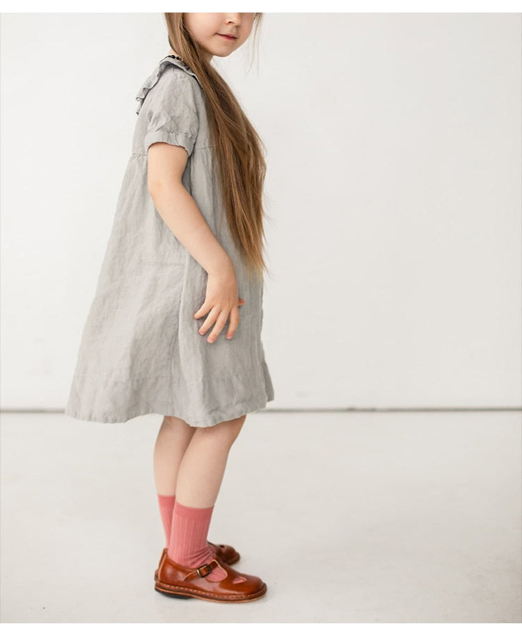 Toddler Girls Cotton Linen Ruffle Dress – Puff Sleeve Summer Dress