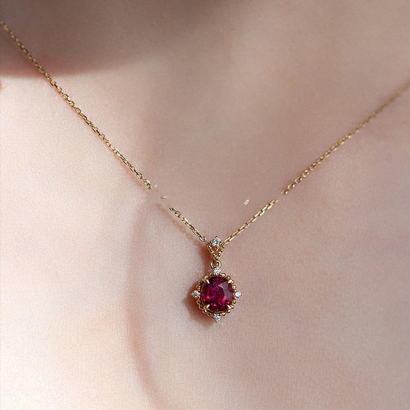 Vintage-Style Ruby Pendant Necklace – 18K Gold Plated Red Crystal Charm Necklace