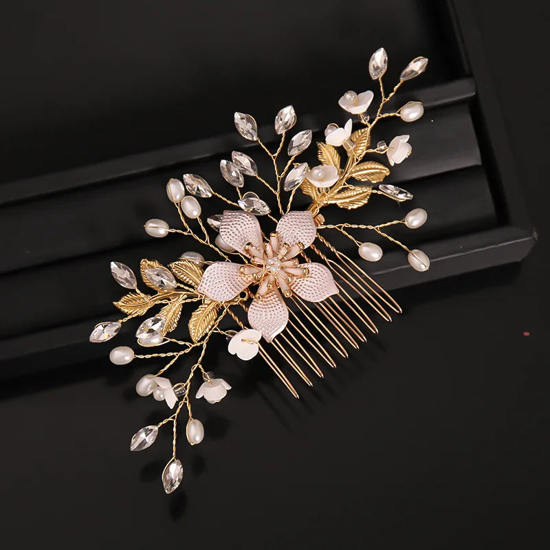 Bridal Wedding Pearl Flower Hairpin Side Comb Golden Leaf Shaped Alloy Tiaras Insert Jewelry Comb Hair Jewelry Bride Headwear