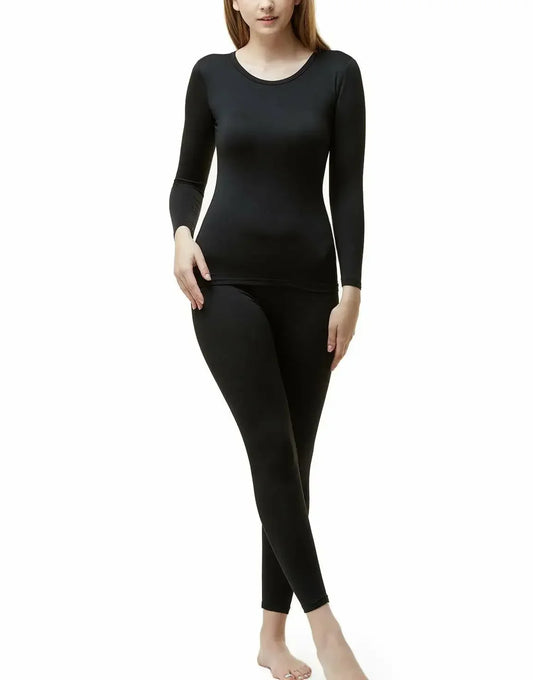 Women’s fleece-lined thermal base layer set with long-sleeve top and leggings.