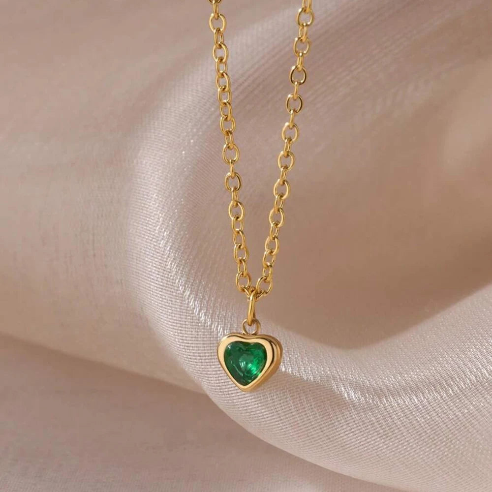 Tiny heart birthstone necklace for women in gold stainless steel
