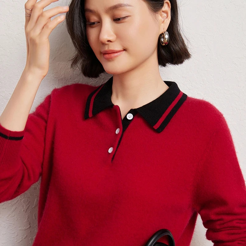 Women’s Contrast Color Polo Sweater – 30% Cashmere 70% Wool Knit Pullover | Soft Autumn & Winter Luxury Top