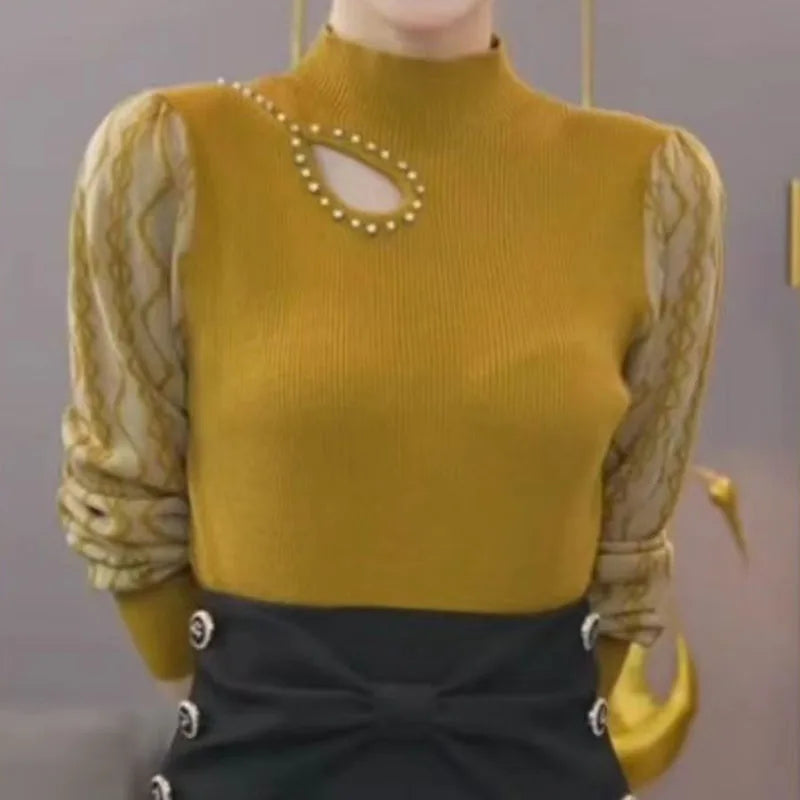 Women’s Korean Hollow-Out Sweater – Long Sleeve Half High Collar Knit Top | Autumn & Winter Casual Solid Spliced Pullover