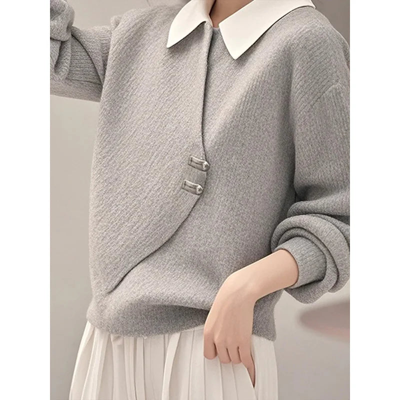 Woman wearing gray fake two-piece knit top – modern Korean commute fashion