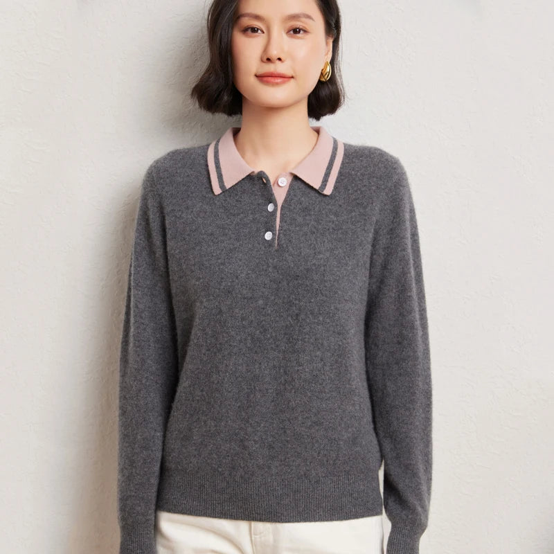 Women’s Contrast Color Polo Sweater – 30% Cashmere 70% Wool Knit Pullover | Soft Autumn & Winter Luxury Top