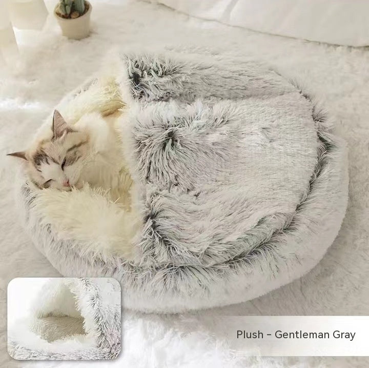 2-in-1 Dog & Cat Winter Bed – Round Plush Pet House | Soft Warm Long Plush Bed for Cats and Small Dogs