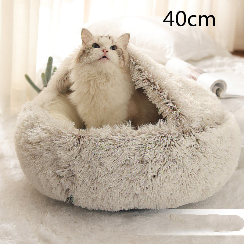 2-in-1 Dog & Cat Winter Bed – Round Plush Pet House | Soft Warm Long Plush Bed for Cats and Small Dogs
