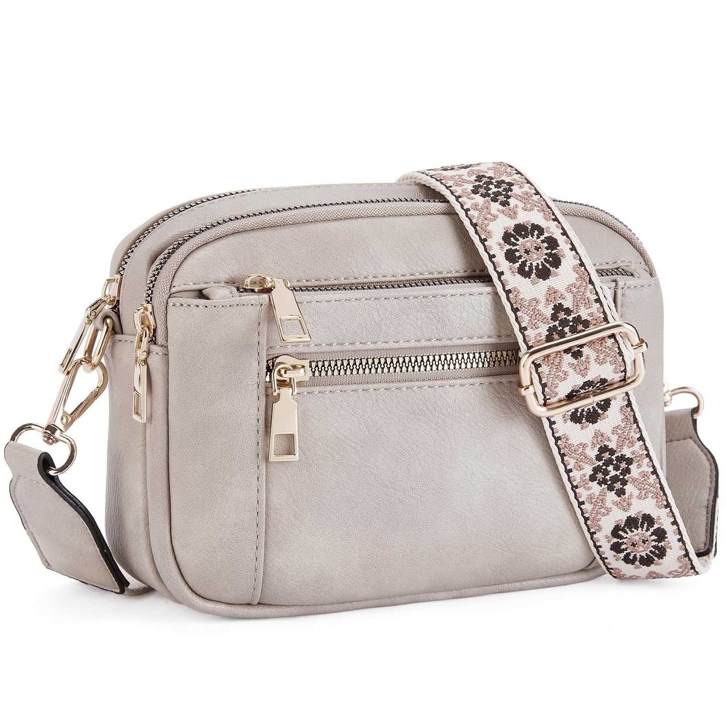 Triple-Zipper Crossbody Shoulder Bag with Floral Embroidered Strap