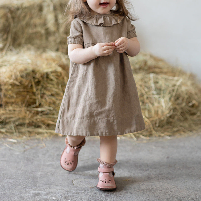 Toddler Girls Cotton Linen Ruffle Dress – Puff Sleeve Summer Dress
