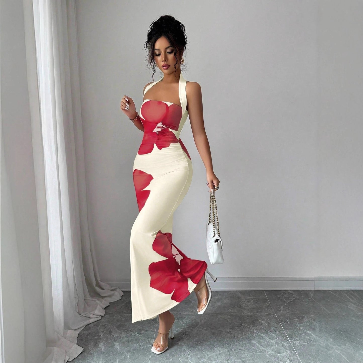 Floral Halterneck Maxi Dress – Slim Fit High Waist Evening Gown