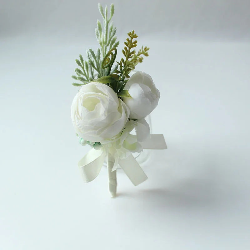 Beige Boutonnieres Flowers Artificial Roses Silk White Corsage Buttonhole Groomsmen Boutonniere for Men Wedding Accessories
