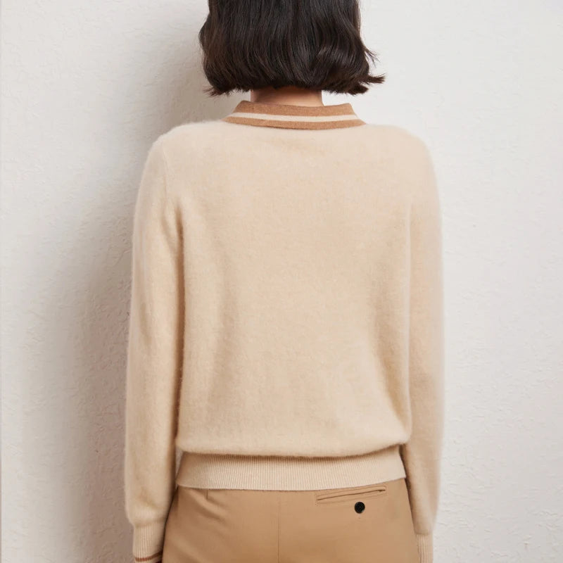 Woman wearing luxury cashmere wool polo sweater – elegant winter fashion look