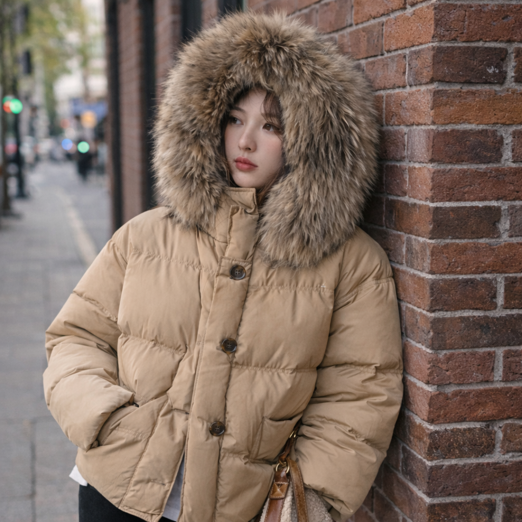 Women’s Short Puffer Jacket with Big Faux Fur Collar