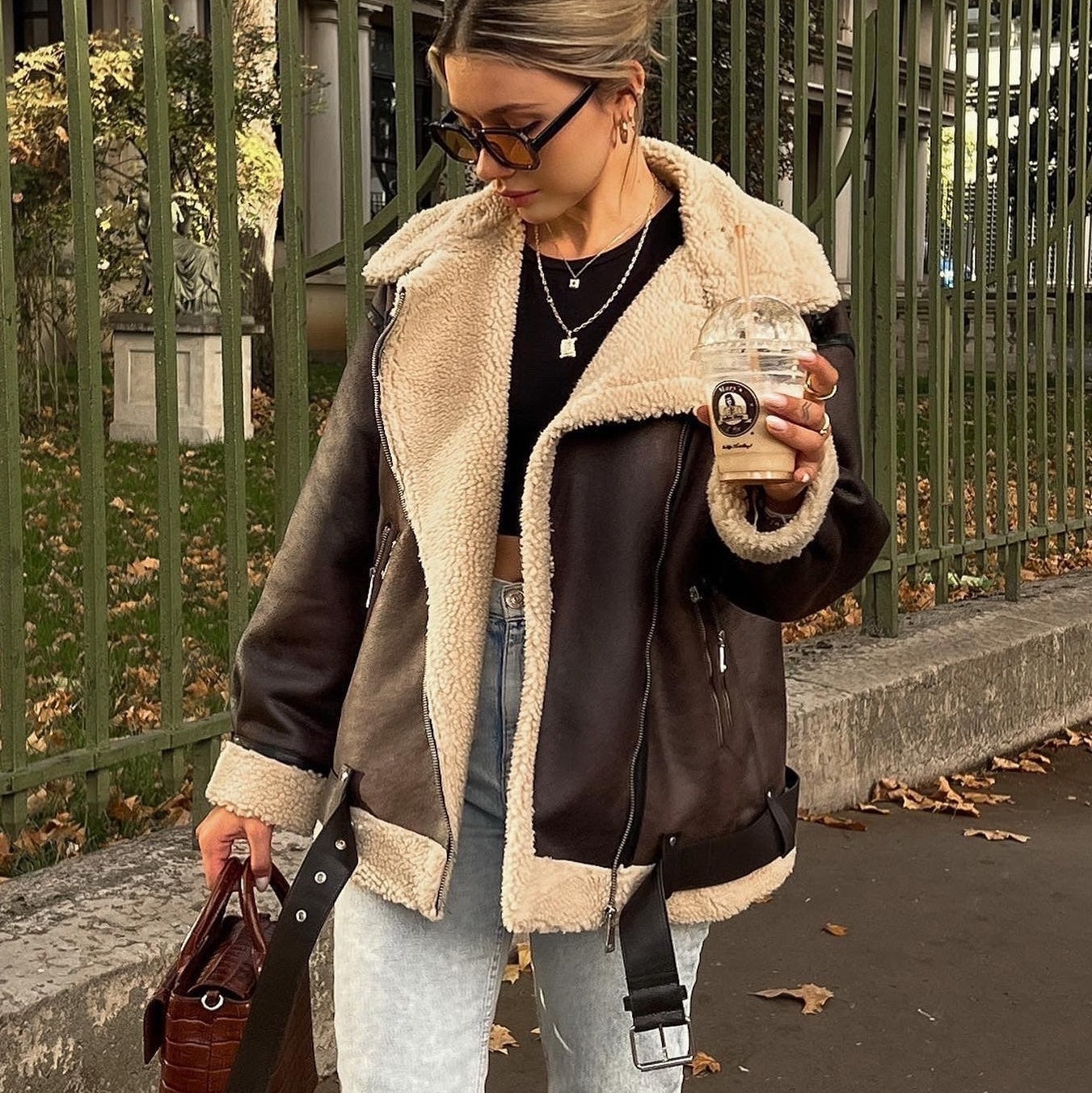 Women’s dark brown fur-integrated multi-zipper jacket – thick street-style outerwear