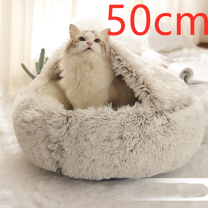 2-in-1 Dog & Cat Winter Bed – Round Plush Pet House | Soft Warm Long Plush Bed for Cats and Small Dogs