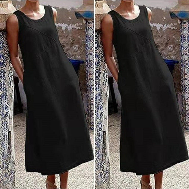 Cotton Linen Sleeveless Maxi Dress – Casual Loose Summer Tank Dress