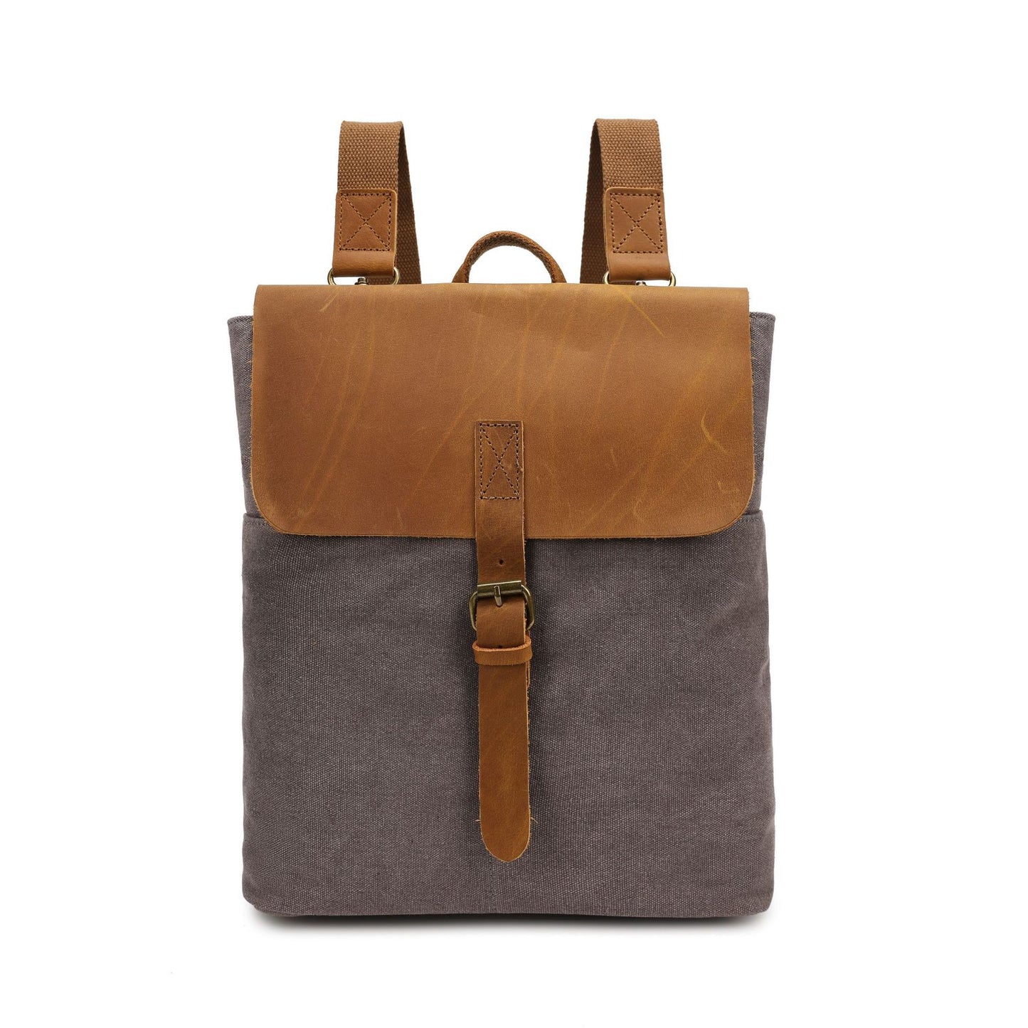 Gray backpack with brown leather accents on a white background