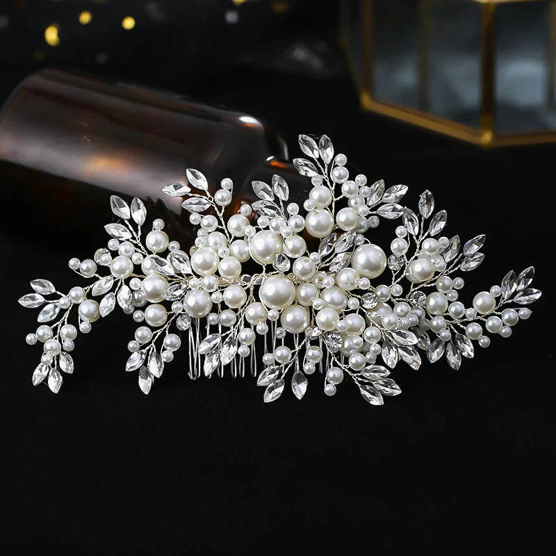 Luxurious Pearl & Rhinestone Hair Comb Headpiece – Handmade Silver Bridal Tiara | Elegant Wedding & Party Hair Accessory for Women