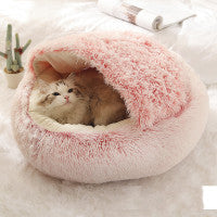 Round plush 2-in-1 dog and cat bed – soft fluffy winter pet bed house